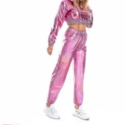 Women'sFashion Holographic StreetwearClub Cool Shiny Causal Pants XXL Pink