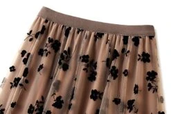 Women Flocked Mesh Half-body Skirt Mid-length Section Thin Draped Sarong Super Fairy Pleated Dress Skirt Khaki