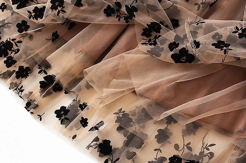 Women Flocked Mesh Half-body Skirt Mid-length Section Thin Draped Sarong Super Fairy Pleated Dress Skirt Khaki - Image 2