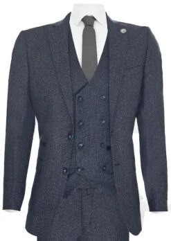Mens Blue Wool 3 Piece Suit Double Breasted Waistcoat