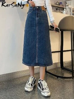 Jwl-a Line Denim Maxi Skirts WomensSummer With Side Slit Highh Waist Jean Skirt For Ladies Blue Denim Skirts For Women Long M Blue Gray