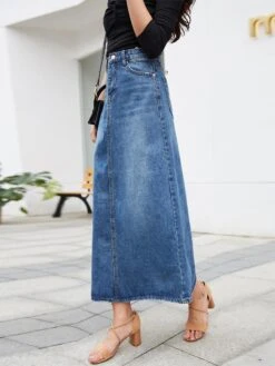 Jwl-denim Skirt Long Women Blue Solid A-line Skirts Fashion Lady Sttreetwear Casual Pocket High Waist Jeans Skirt Office Maxi Skirt