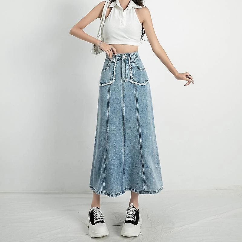 Jwl-summer Long Skirts For Women High Waist A Line Jean Skirts ForLadies XL Light Blue - Image 3