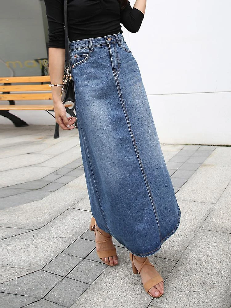 Jwl-denim Skirt Long Women Blue Solid A-line Skirts Fashion Lady Sttreetwear Casual Pocket High Waist Jeans Skirt Office Maxi Skirt - Image 3