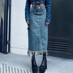 Jwl-dourbesty Women High Waist Denim Long Skirt Vintage Fringe HemSlim A Line Stretch Denim Skirts Casual Flared Pull On Maxi Skirt