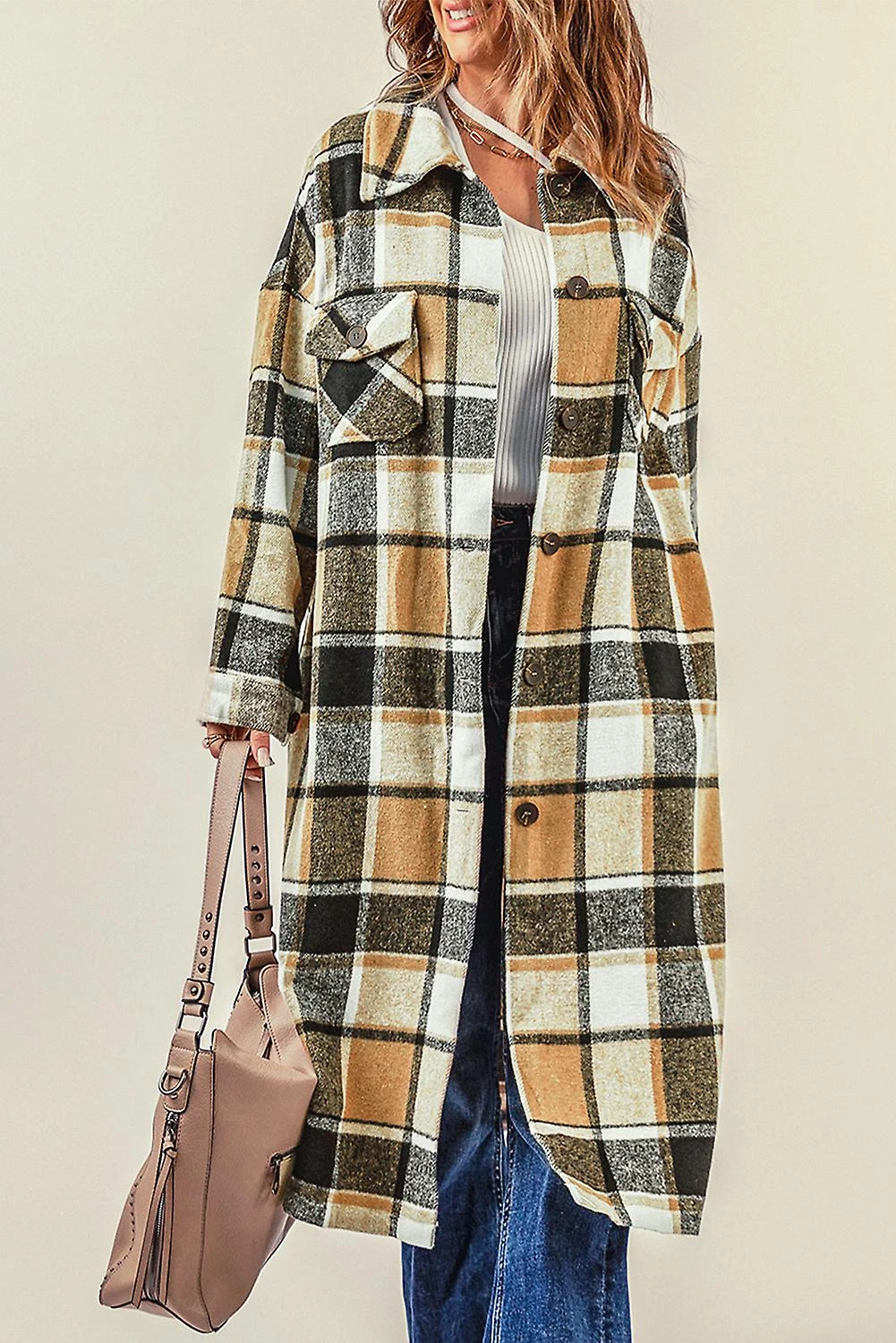 Women's Pocketed Grid Pattern Overcoat XL