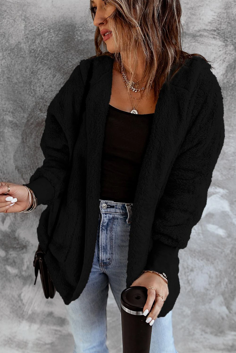 Women's Black Soft Fleece Hooded Open Front Coat XXL - Image 3