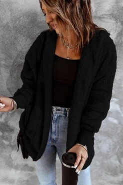 Women's Black Soft Fleece Hooded Open Front Coat XXL