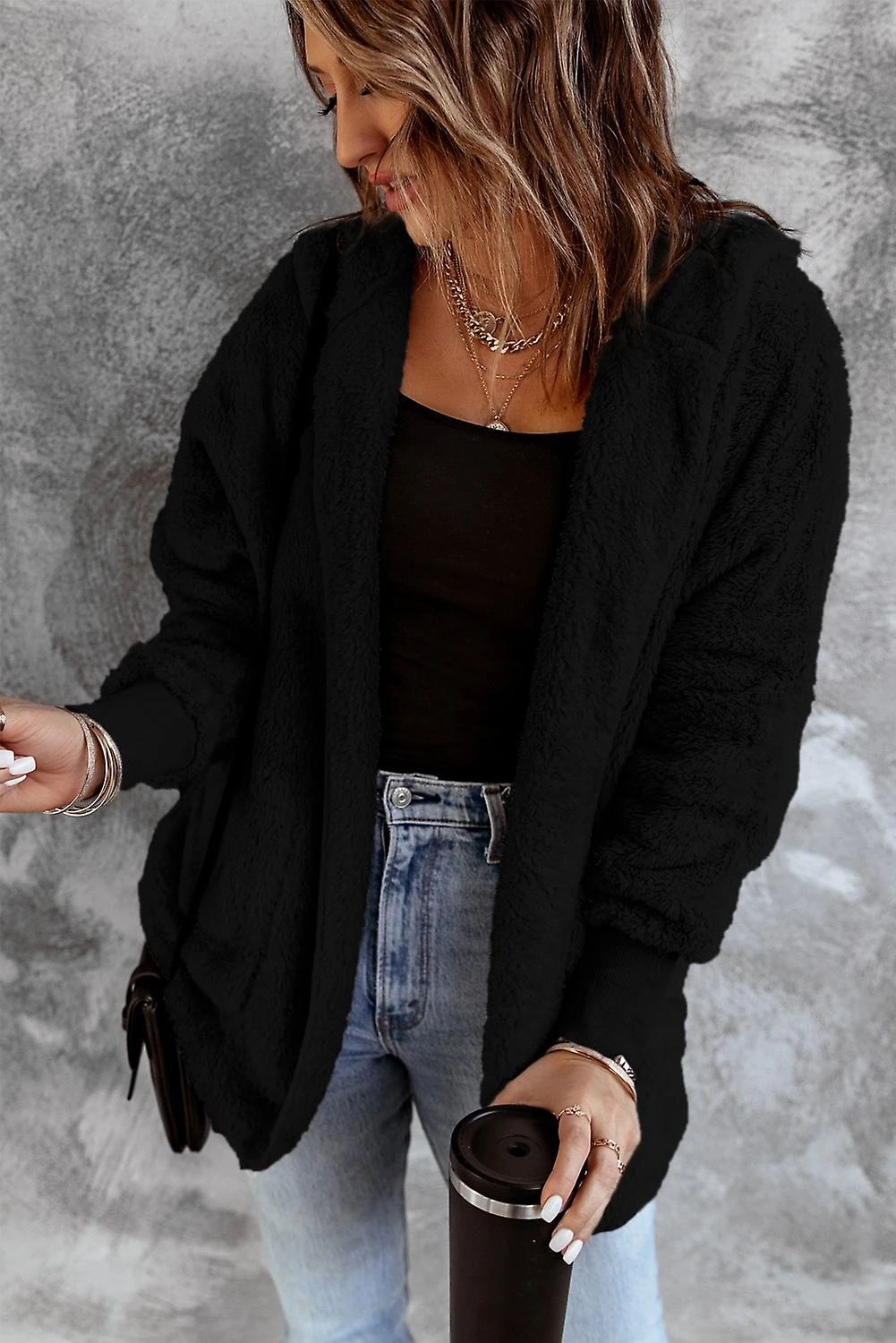 Women's Black Soft Fleece Hooded Open Front Coat XXL