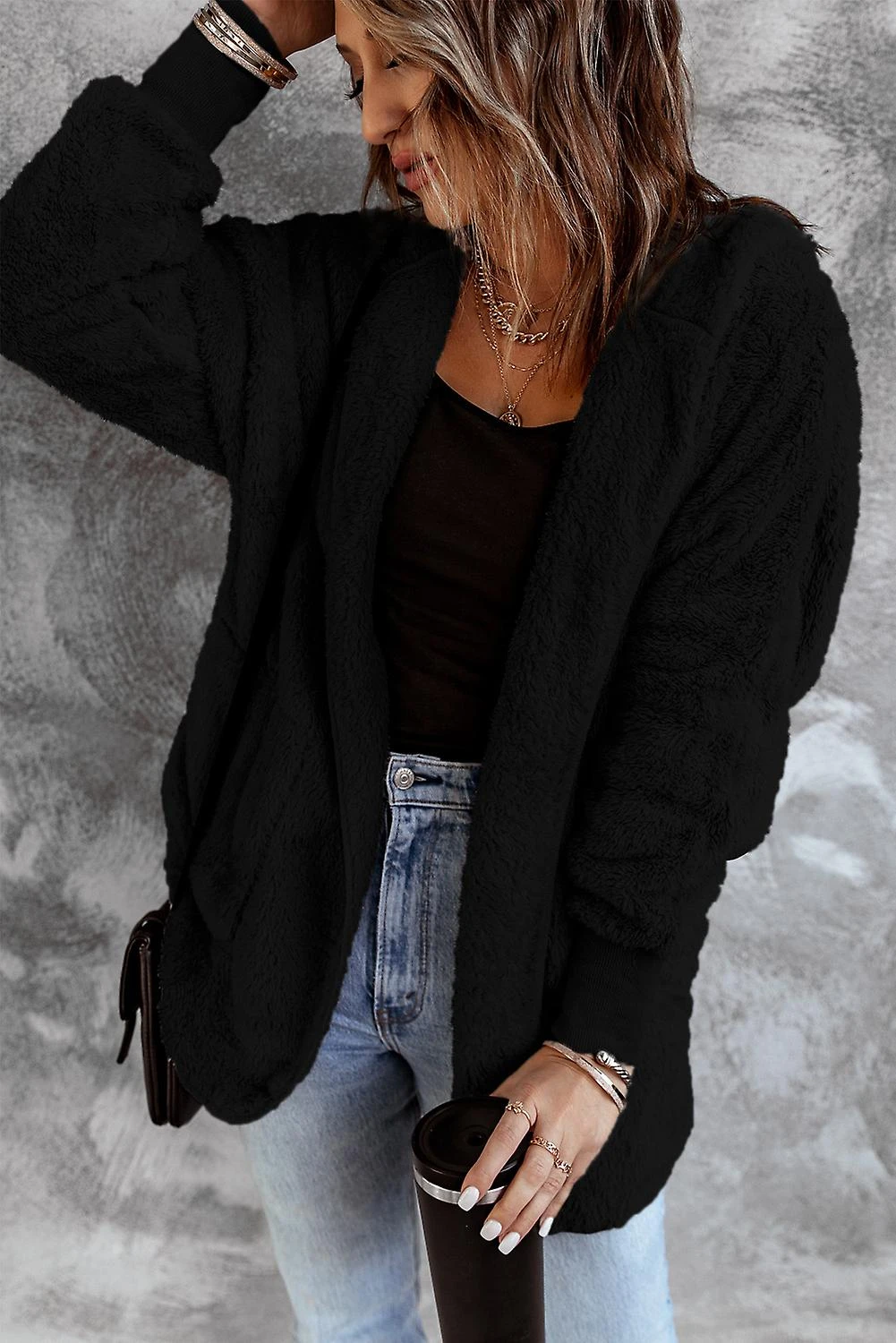 Women's Black Soft Fleece Hooded Open Front Coat XXL - Image 5