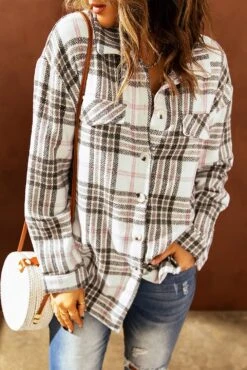 Women's Buttoned Turn Down Collar Plaid Shacket XL