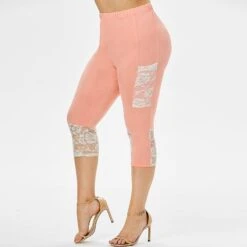 Women Slim Capri Pants Lace Stitching Leggings Elastic Yoga Pants 5XL Green