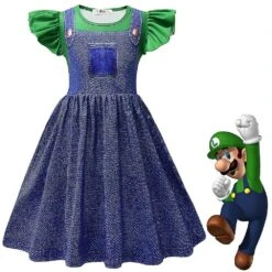 Super Mario Princess Peach Dress For Kids Girls Super Bros Costume Luigi Sundress 8-9Y Denim Green