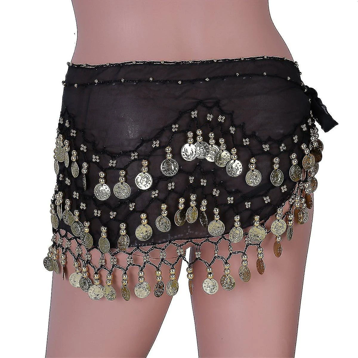 Women's Belly Dance Belt, Chiffon Hip Scarf, Dancing Scarf With Coins For Belly Dance Black - Image 3