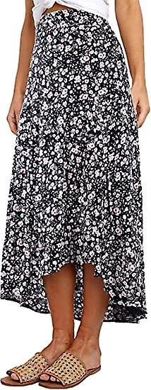 Women's Ditzy Floral Print Midi Skirt Boho Elastic High Waist Long Skirts For Women Trendy High Low Hem