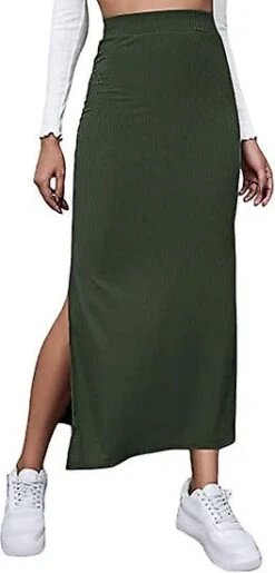 Women's Elastic Waisted Split Thigh Rib Knit Long Maxi Bodycon Pencil Skirt