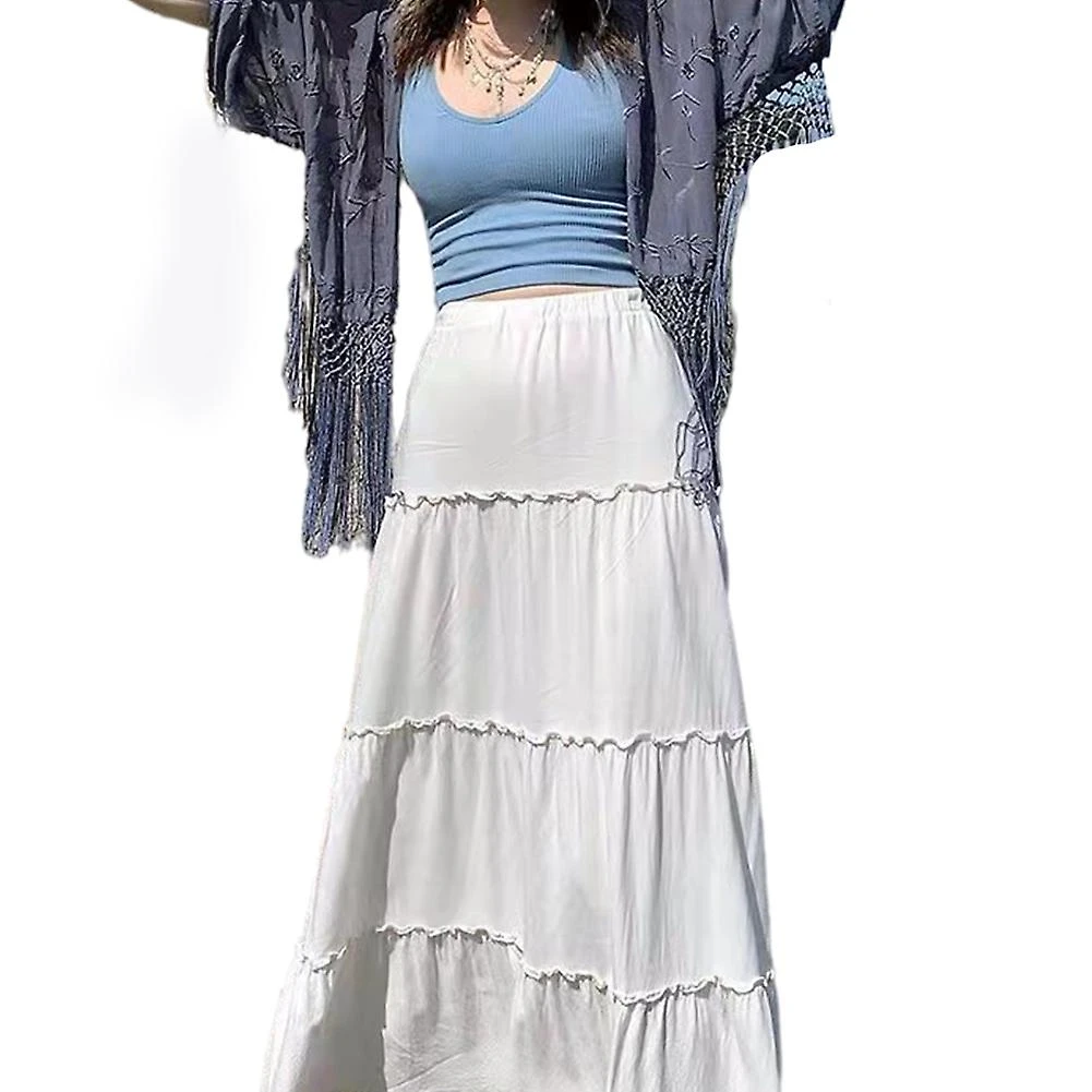 White Women's High Waist Skirt With Folds And Wood Ears, Elegant And Charming Solid Color Dress For Spring And Autumn (S) L - Image 4