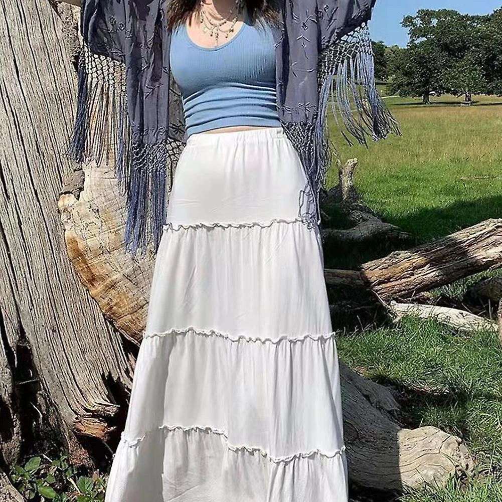 White Women's High Waist Skirt With Folds And Wood Ears, Elegant And Charming Solid Color Dress For Spring And Autumn (S) L - Image 2