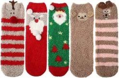 Slipper Ankle Socks Fuzzy Fluffy - 5 Pack Winter Warm Soft Cozy Fleece Plush Thick Funny Stocking Crew Sock
