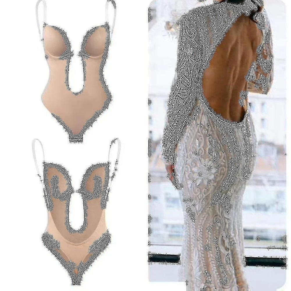Women Plunging Deep V-neck Body Shaper Strapless Backless Bodysuit Shapewear XL Beige - Image 2