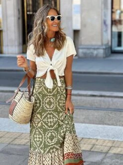 Jastie Boho Retro Floral Print Skirts Women 2023 Summer High Waist A-line Pleated Long Skirts Casual Holiday Beach Skirt L