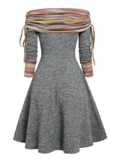 Convertible Cinched Striped Flare Dress Foldover Off The Shoulder Knitted Dresses Women 2023 Long Sleeve Jurken XXXL Red3801